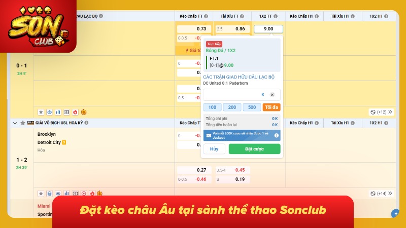 Khu vực cược trực tiếp cho phép chọn trận và cửa kết quả tương ứng